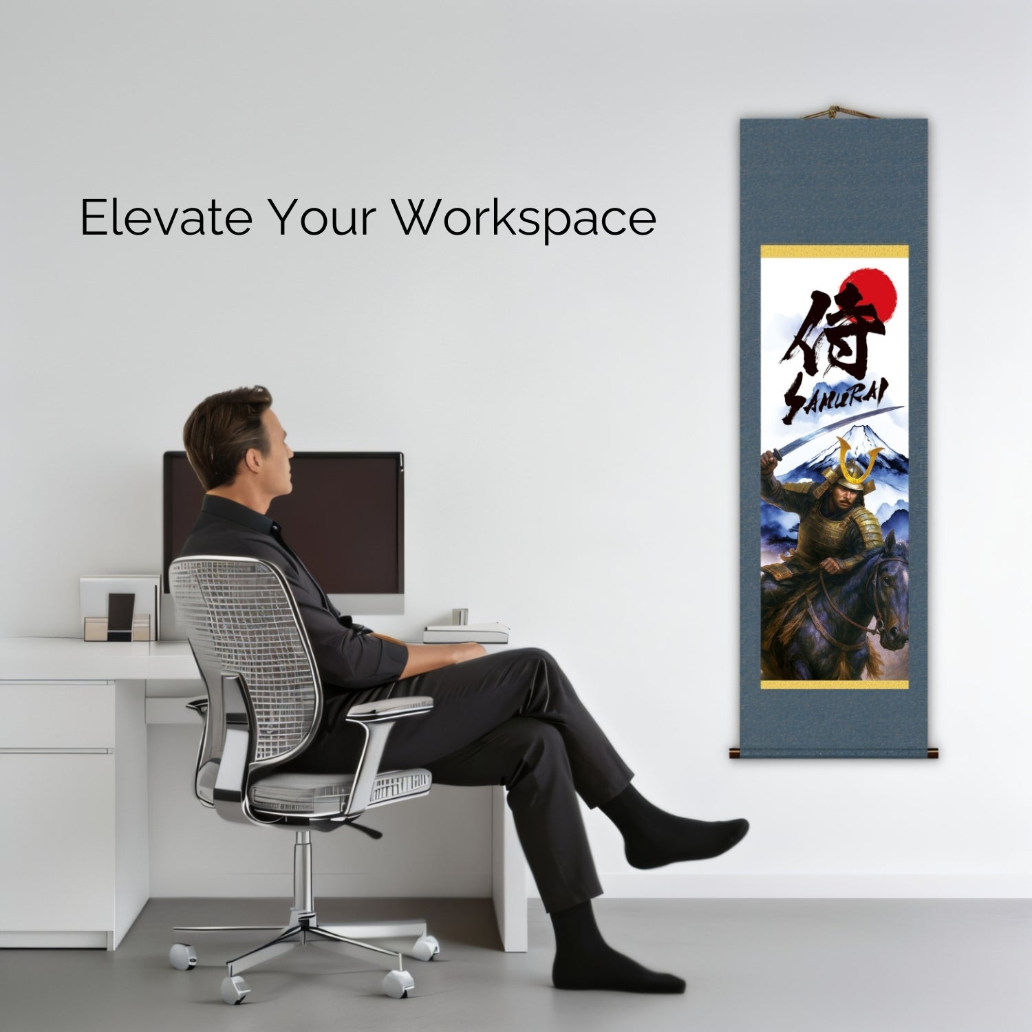 Japanese Samurai Kakemono Wall Scroll – Mounted Samurai with Sword and Mount Fuji