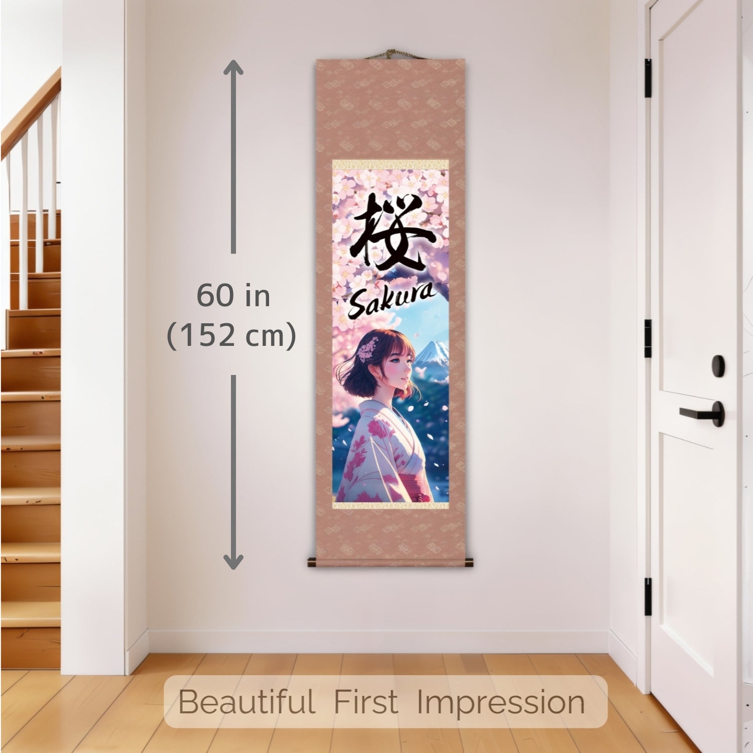 Japanese Anime Sakura Kakemono Wall Scroll – Kimono Woman with Mount Fuji