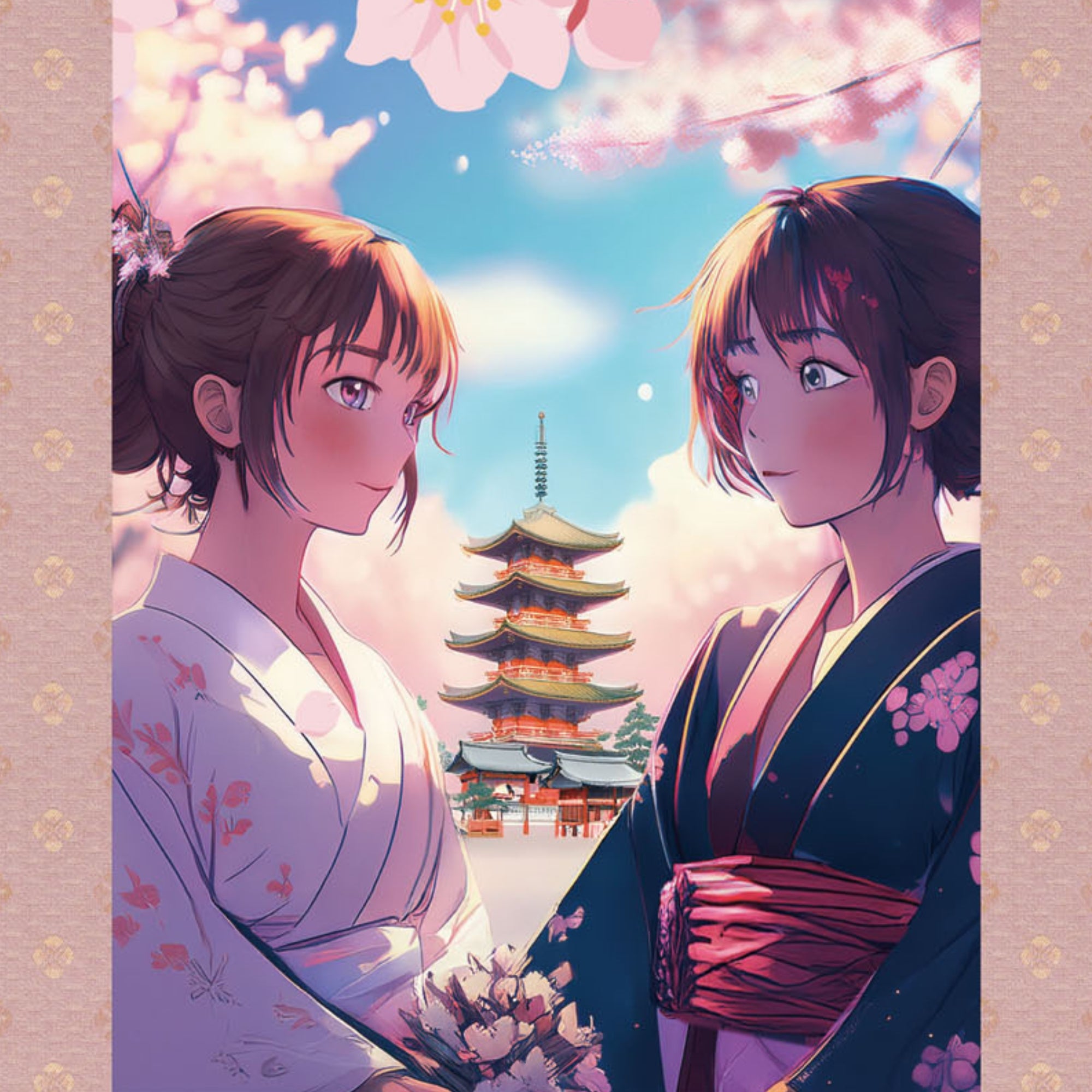 Anime japonais Sakura Kakemono Wall Scroll – Femmes en kimono avec pagode 